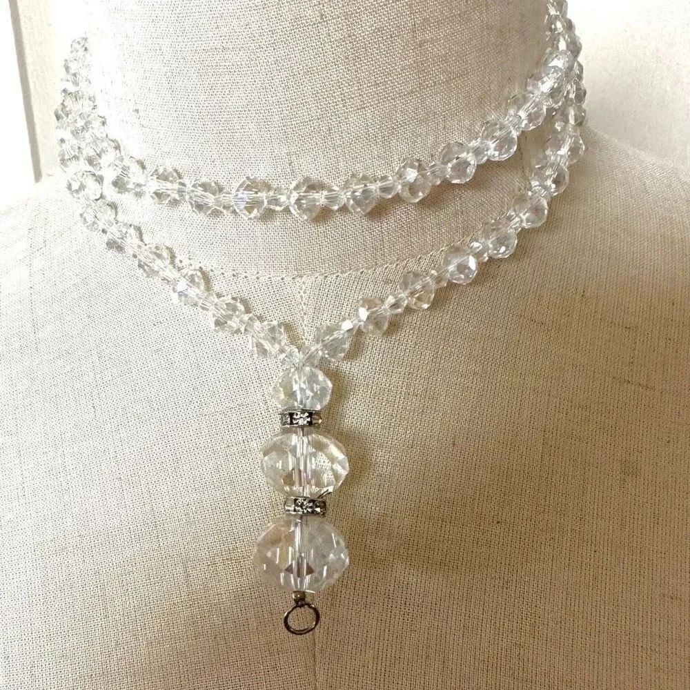 Long clear crystal beaded necklace